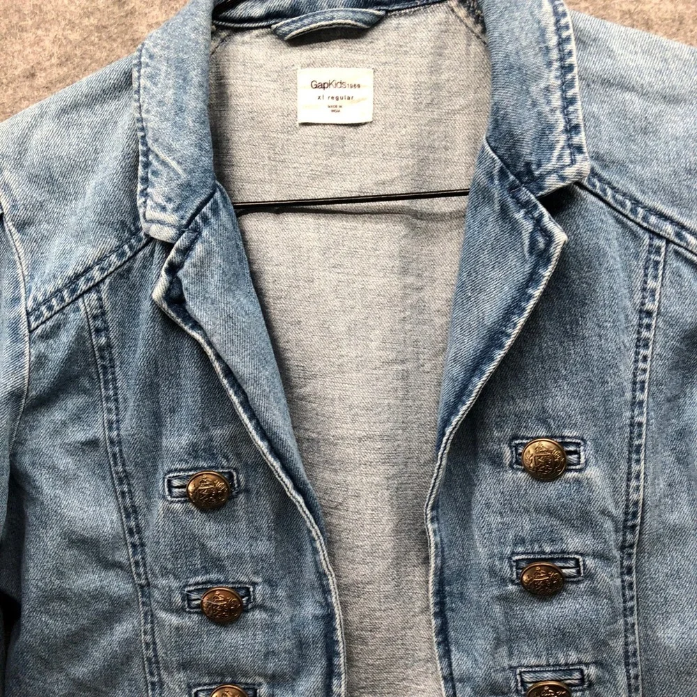 Gap Girls XL (12-13) Denim Band Jacket Double Breasted Open Front Blue‎ Military